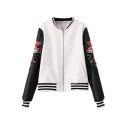 Color Block Stand Collar PU Jacket with Embroidered Floral Sleeve