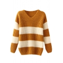 Striped V-Neck Color Block Long Sleeve Fluffy Sweater