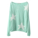 Candy Color Star Pattern Long Sleeve Knitted Sweater with Scoop Neckline