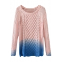 Pearl Pink and Blue Ombre Color Block Twist Cable Knit Long Sleeve Sweater