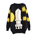 Apollo Rocket and Star Pattern Round Neck Loose Thick Sweater