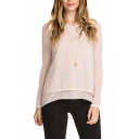 Pink Round Neck Long Sleeve Chiffon Inserted Top with Split Back