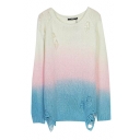 Off-duty Ombre Shredded Long Sleeve Sweater with Round Neckline