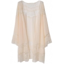Plain Simple Collarless Open Front Loose Kimono with Lace Insert