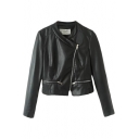 Black Stand Collar Inclined Zipper Fly PU Jacket