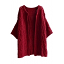 Cutout Shoulder 3/4 Sleeve Plain Open-Front 3D Cable Knitting Loose Cardigan