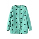 Hidden Buttoned Polka Dot Pattern Wool Coat with Round Neck