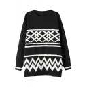 Geometric Pattern Long Sleeve Longline Sweater with Round Neckline