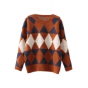 Fashion Argyle Pattern Long Sleeve Sweater with Round Neckline