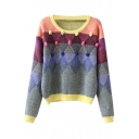 Geometric Jacquard Beaded Round Neck Long Sleeve Sweater