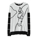 Abstract Character Jacquard Round Neck Stripe Sleeve Sweater