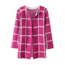 Long Sleeve Gingham Pattern Midi Cardigan with Round Neck