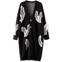 Black Background White Bird Pattern Long Sleeve Cardigan with Button Fly