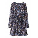 Round Neck Blue Diamond Print Long Sleeve Pleated Dress - Beautifulhalo.com