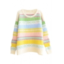 Geometric Horizontal Color Block Round Neck Long Sleeve Sweater
