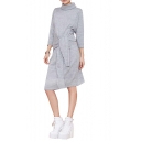 Loose High Neck Knitted Dress with Fake Sleeve Knotted Waist