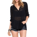 Sexy V-Neck Long Sleeve Wavy Sheer Shirt with Button Front