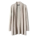 Plain Fitted Gray Collared Long Sleeve Open Front Cardigan