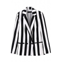 White&Black Stripe Print Lapel Collar Double-Breast Pockets Long Sleeve Blazer