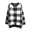 Plaid Pattern Round Neck Long Sleeve Mohair Sweater in Loose Fit