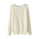 Plain Diamond Pattern Cable Knitted Sweater with Round Neck