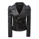 PU Notched Lapel Oblique Zip Motorcycle Jacket with Puff Sleeve