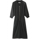 Stand Collar Zip Front 1/2 Sleeve Maxi Dress with Embroidered Letter and Back Split