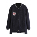 Midi Contrast Stripe Trim Wool Baseball Jacket with Button Fly and Number Embroidered