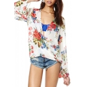 White Background Red Floral Print Bell Sleeve Wrap Front Chiffon Blouse