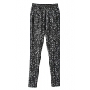Elastic PU Panel Waist and Graphic Full Length Pants with Added Hair