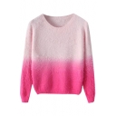 Fluffy Knit Ombre Jacquard Round Neck Long Sleeve Sweater