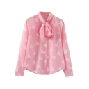 Heart Print Long Sleeve Shirt with Bow-Tie Front