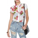 White Background Red Rose Print Short Sleeve Button Front Chiffon Blouse
