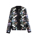 Flying Bird Floral Print Stand-Up Collar Zippered Jacket