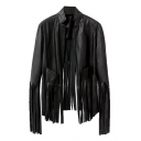 Black Plain Stand Up Collar Open Front PU Tassel Motorcycle Jacket