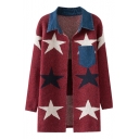 Five-Pointed Star Pattern Long Sleeve Cardigan with Denim Collar