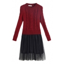 Cable Knitted Round Neck Sweater Top with Lace Skirt Fake Two-Piece Style Dress