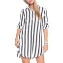 White-Black Stripe Lapel Curved Hem Single Breast Dress