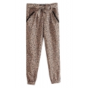 Apricot Leopard Pattern Bow Tie Belt Tapered Pants