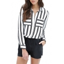 Mono Striped Point Collar Long Sleeve Shirt in Loose Fit