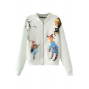 Character Print Beaded Stand Collar Zipper Fly Jacket