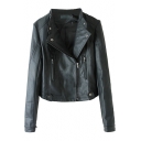 Plain PU Stand Collar Long Sleeve Motorcycle Jacket with Oblique Zip