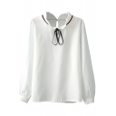 Ruffle Stand Collar Plain Blouse with Black Bow Tie Style Drawstring