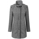 Midi Houndstooth Pattern High Collar Fitted Wool Coat