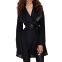 Black PU Trim Oversize Lapel Belted Long Sleeve Woolen Coat