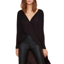 Plain Deep V-Neck Draped Wrap Front Tunic Top with Swallow Tail Hem