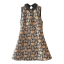 Black Background Yellow Floral Print Lapel Sleeveless Fit and Fare Dress