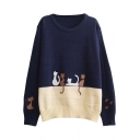 Preppy Look Color Block Cat Embroidered Round Neck Long Sleeve Sweater