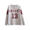 Word&Number&Stripe Pattern Gray Background Long Sleeve Sweater with Round Neck