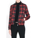 Red Plaid Print Collarless Zippered Long Sleeve Cropped Jacket